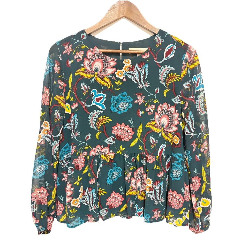 LOFT Floral Peplum Blouse MP Petite Medium Long Sleeve Boho Top